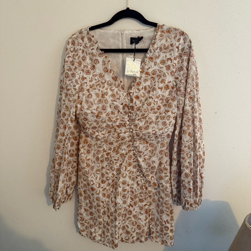Bardot Long Sleeve Dress in Cream and Brown Paisley Print Size 8